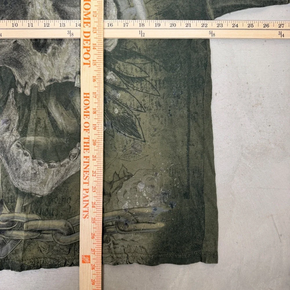 Raw State Mens XL Olive Green Skull Crown Chains Roses Graphic TShirt Distressed